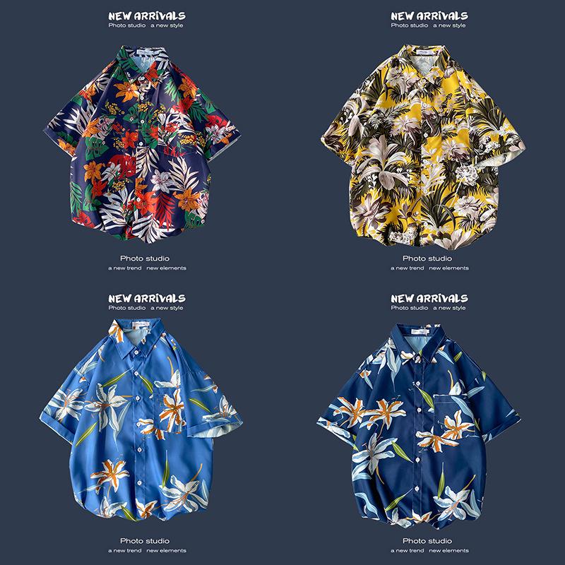 Letnia Koreańska Retro Kwiatowa Para Luźna Koszula z Krótkim Rękawem - Męski Modny Styl