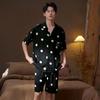Men's Black Ice Silk Summer Pajama Set - Short-Sleeved Top with Shorts, Indoor/Outdoor Use, Luxurious Feel