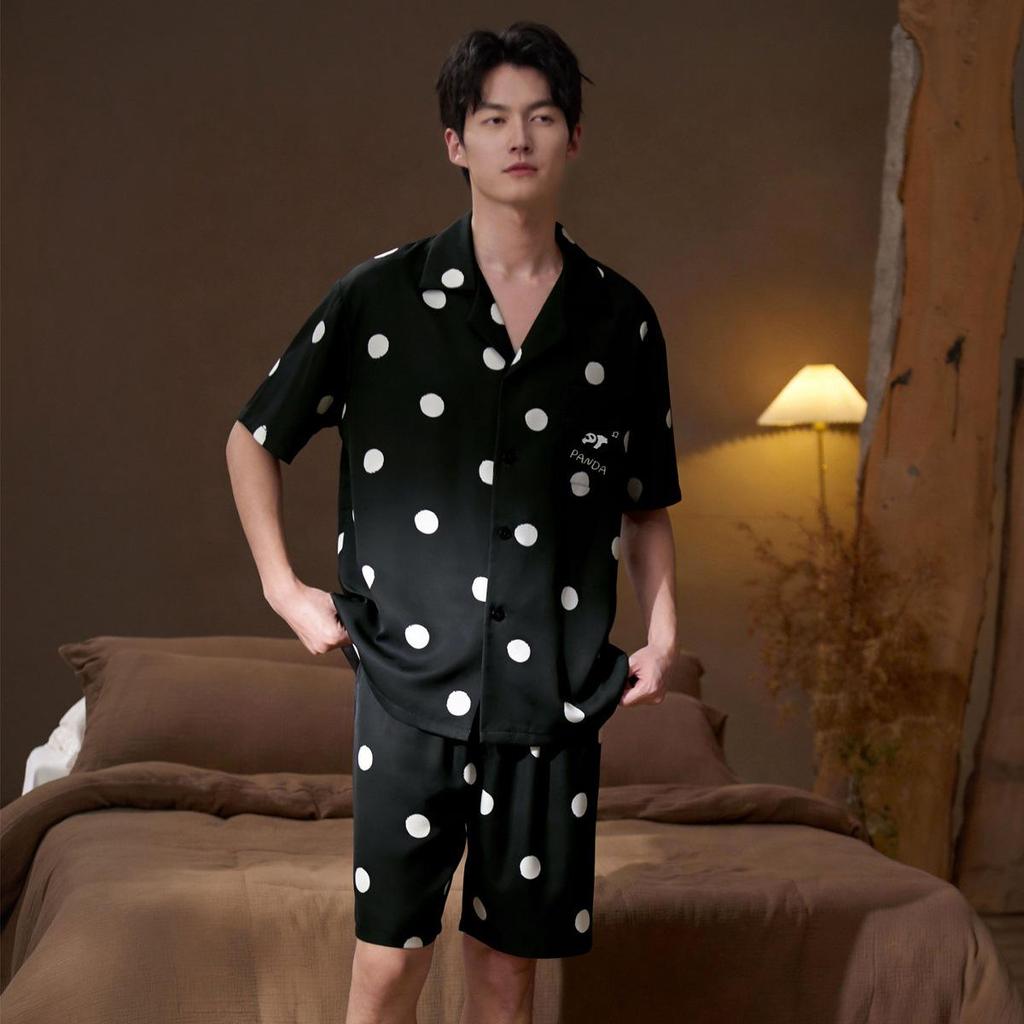 Men's Black Ice Silk Summer Pajama Set - Short-Sleeved Top with Shorts, Indoor/Outdoor Use, Luxurious Feel