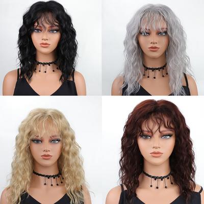 Grey Brown Blond Black White Wigs with Bangs Shoulder Length Curly Synthetic Wigs for Women Daily Cosplay Heat Resistant Fibre