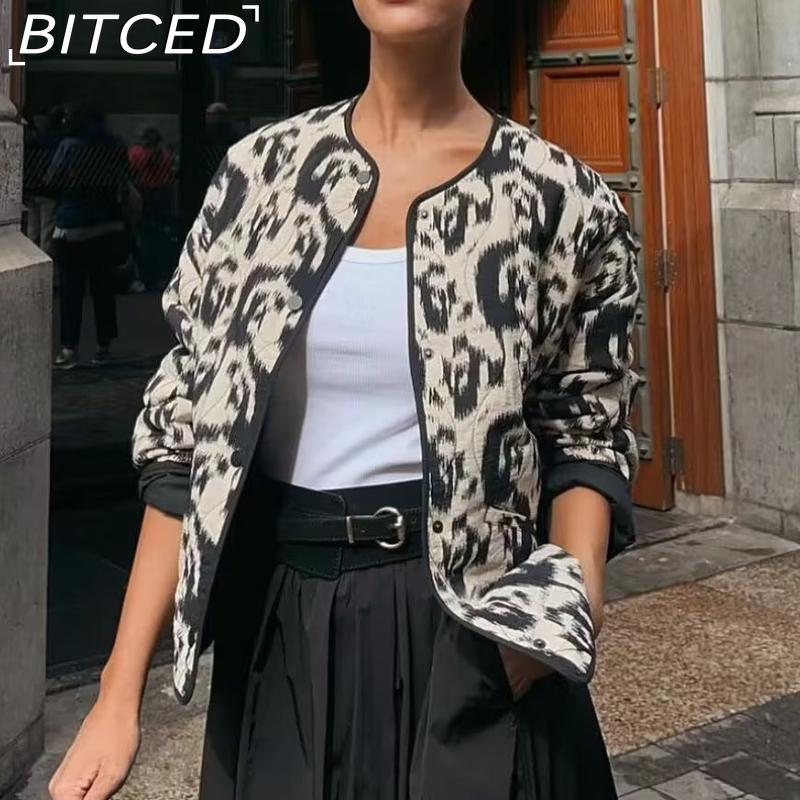 BITCED Women's Autumn/Winter Plus Size Fashion Print Quilted Cotton Jacket