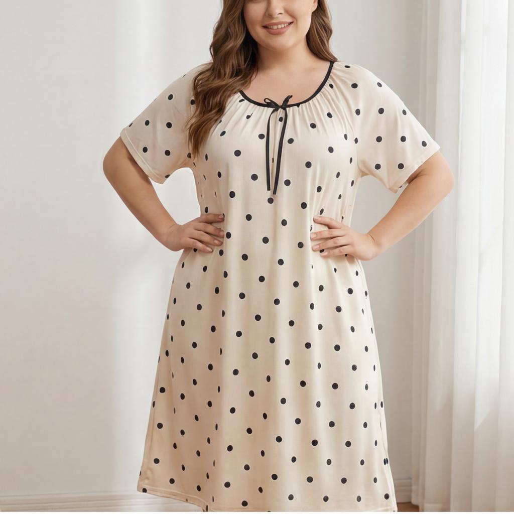 VEZFAA Women's Fashion Summer Spring Polka Dot Print Short Sleeve O‑Neck Loose Casual Nightgown