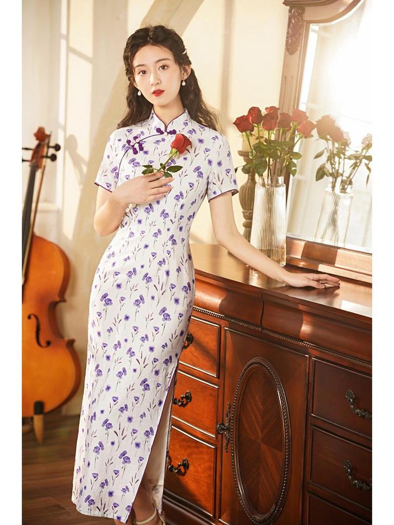 2024 Spring/Summer Elegant Retro Double-Layer Silk & Linen Short-Sleeve Cheongsam Dress