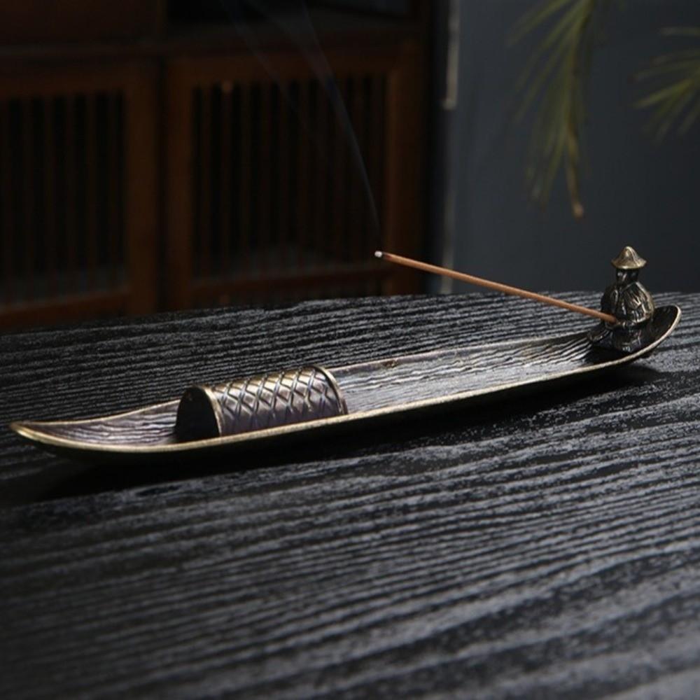 Boat Shape Incense Holder Old Men Fishing Traditional Incense Censer Metal Sturdy Incense Stick Burner Home Office Decor