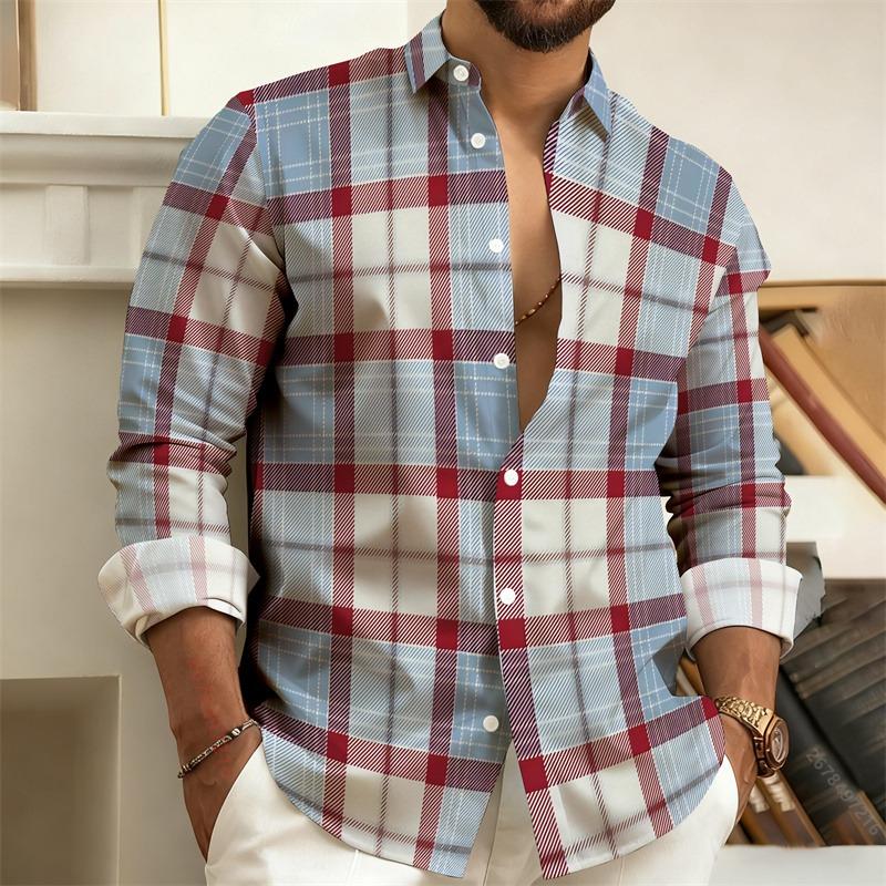 Men's 3D Printed Geometric Color-Blocked Long-Sleeved Shirt, Stylish Casual Slim-Fit Shirt, Outdoor Street Style Men's Top