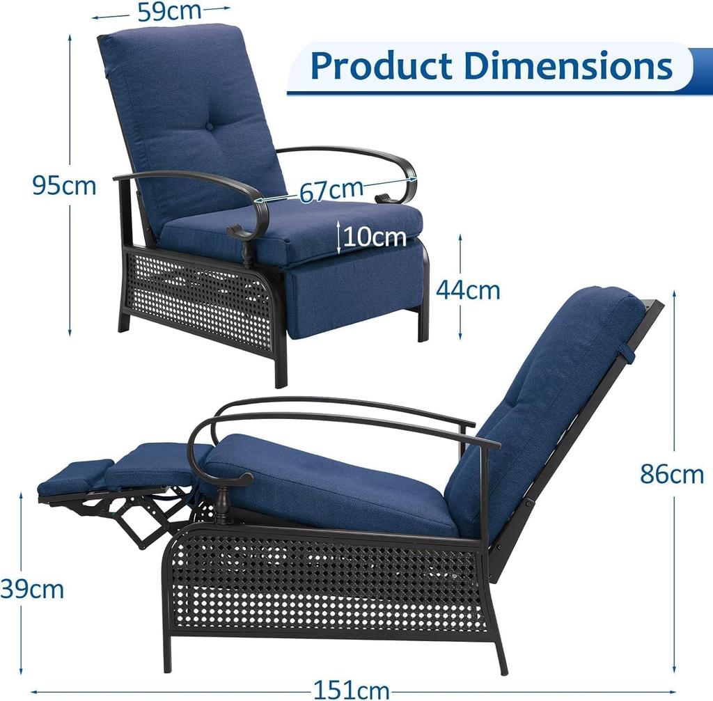 YODOLLA Garden Reclining Chair Adjustable 3 Positions - 150kg Capacity, With Removable Cushion - Foldable - Navy Blue