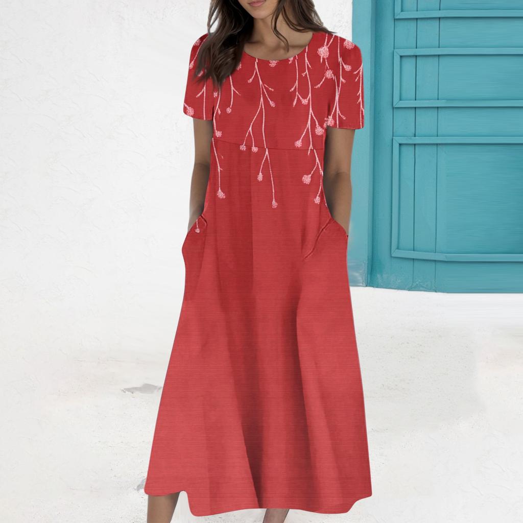 Damska letnia, codzienna, modna sukienka z krótkim rękawem, okrągłym dekoltem i kieszeniami