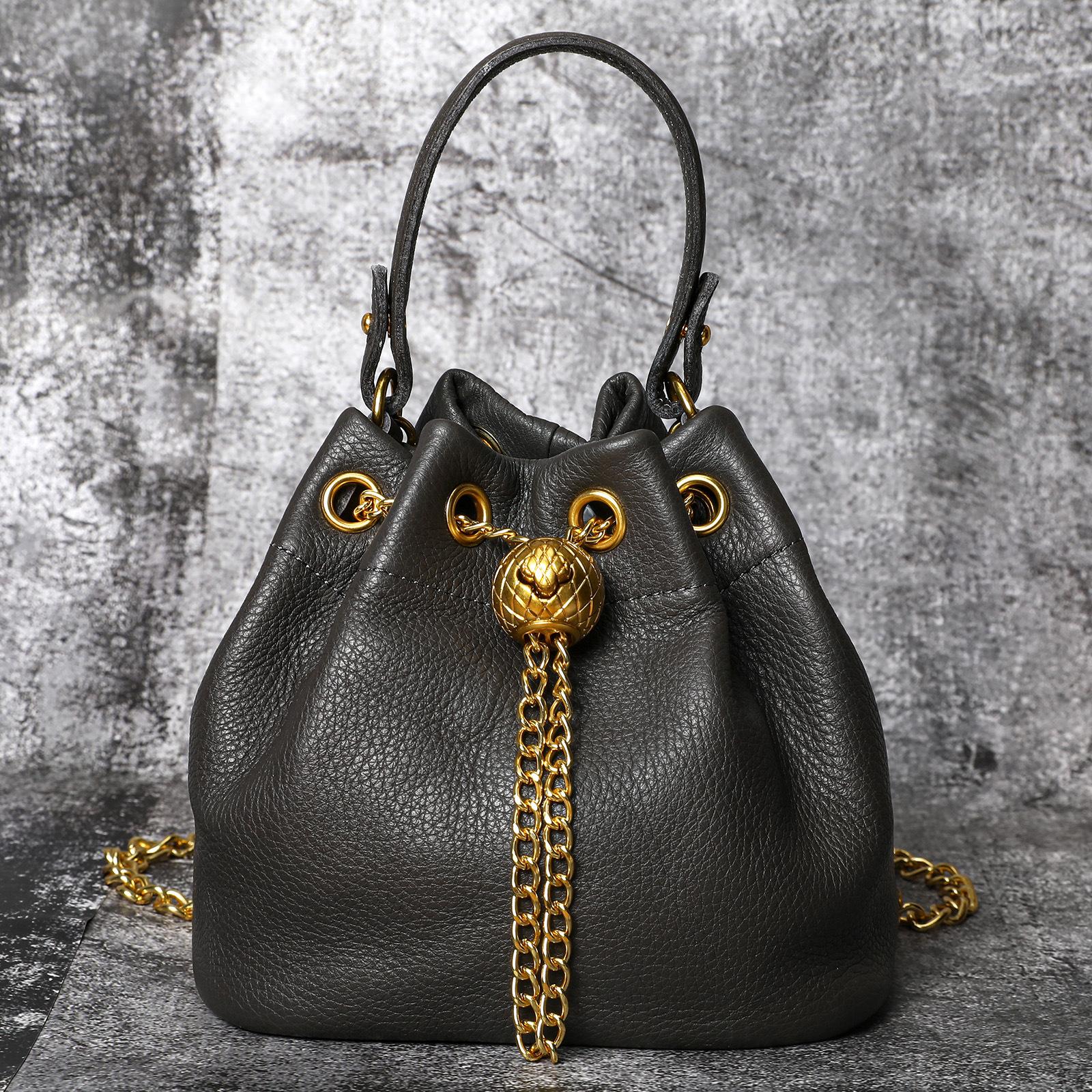 

Косметичка из коровьей кожи первого слоя, модная повседневная сумка-ведро из натуральной кожи, высококачественная мягкая сумка-цепочка из коровьей кожи One Size синий/серый