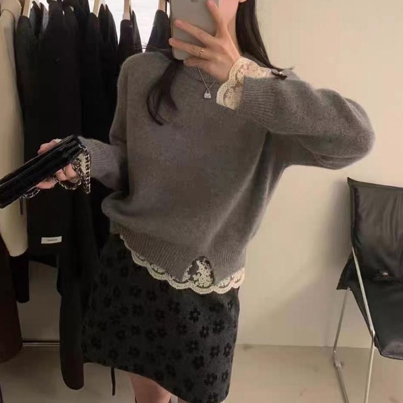 

Корейская Мода Сладкое Кружево Вставка Вязаный Пуловер Свитер Женский Осень Зима Сладкий Базовый Топ Модный Базовый Элегантный Свободный Однотонный Одежда One size серый