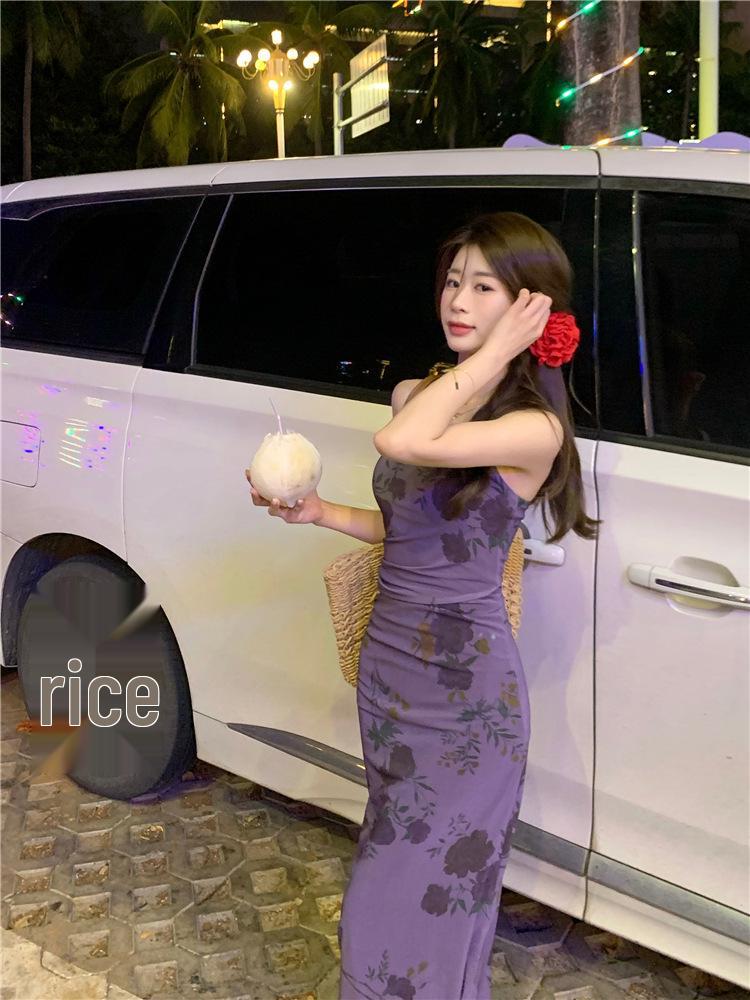 French Purple Floral Spaghetti Strap Dress - Women's Summer 2024 Waist-Hugging Long Tea Dress