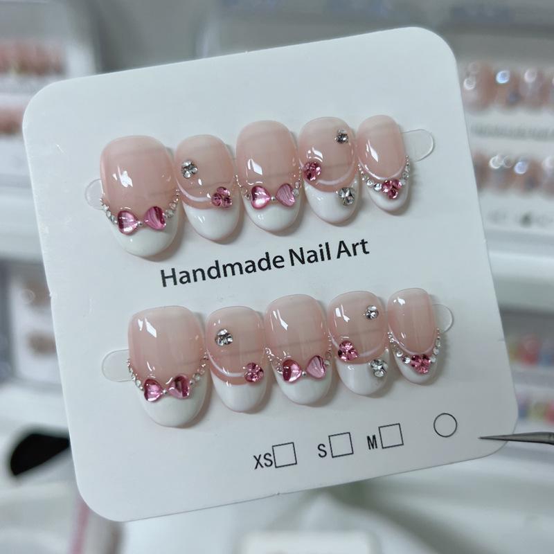 10Pcs Cute Cat Eye Almond Fake Nails Blue Shiny With Small Rhinestones Nude Short Oval Finished Artificial Manicure