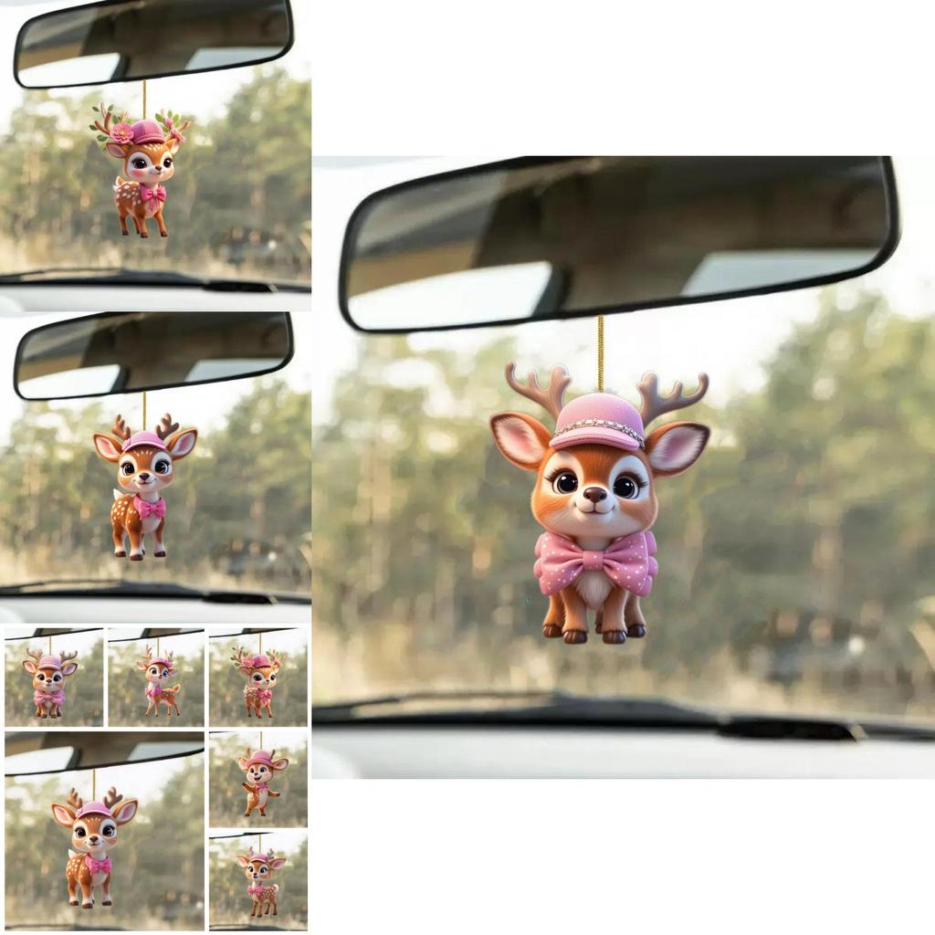 Auto Deko Acryl Cartoon Hirsch Spiegel Ornament Mit Rosa Hut Und Schleife Für Kinder Auto Innenraum