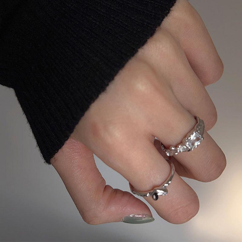 925  Silver Irregular White Square Diamond Zircon Heart Ring Ins Women's Fashion Light Luxury Open Adjustable Stackable Niche Minimalist