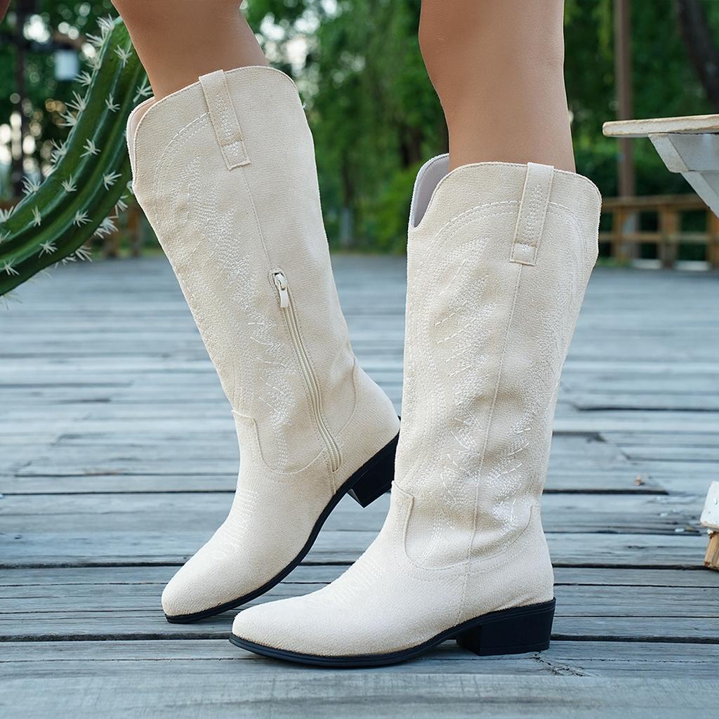Stivali ricamati da donna alla moda, stivali alti e stivali lunghi che non arrivano al ginocchio, stivali al ginocchio autunnali e invernali