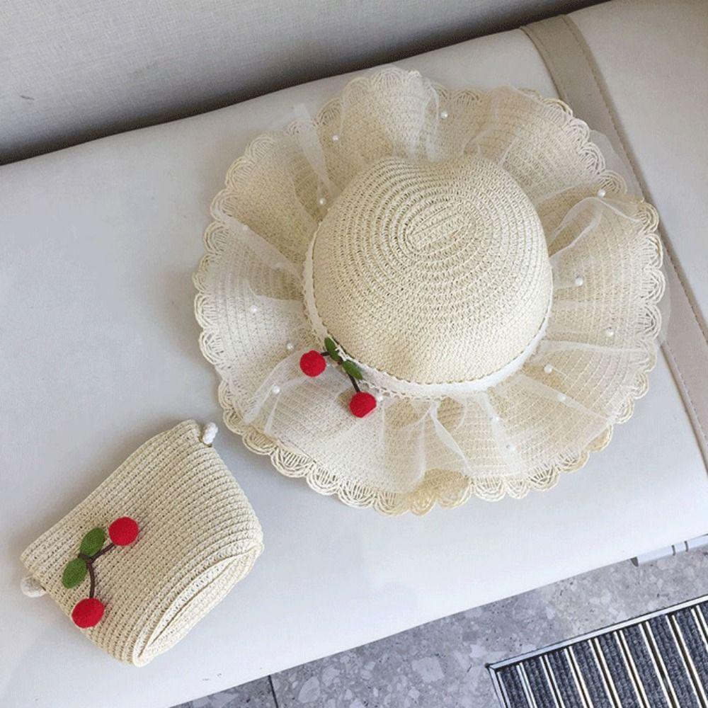 Wide Brim Kids Sun Hat Pearl Decoration Beach Hat Cute Style Straw Hat Girls Accessories