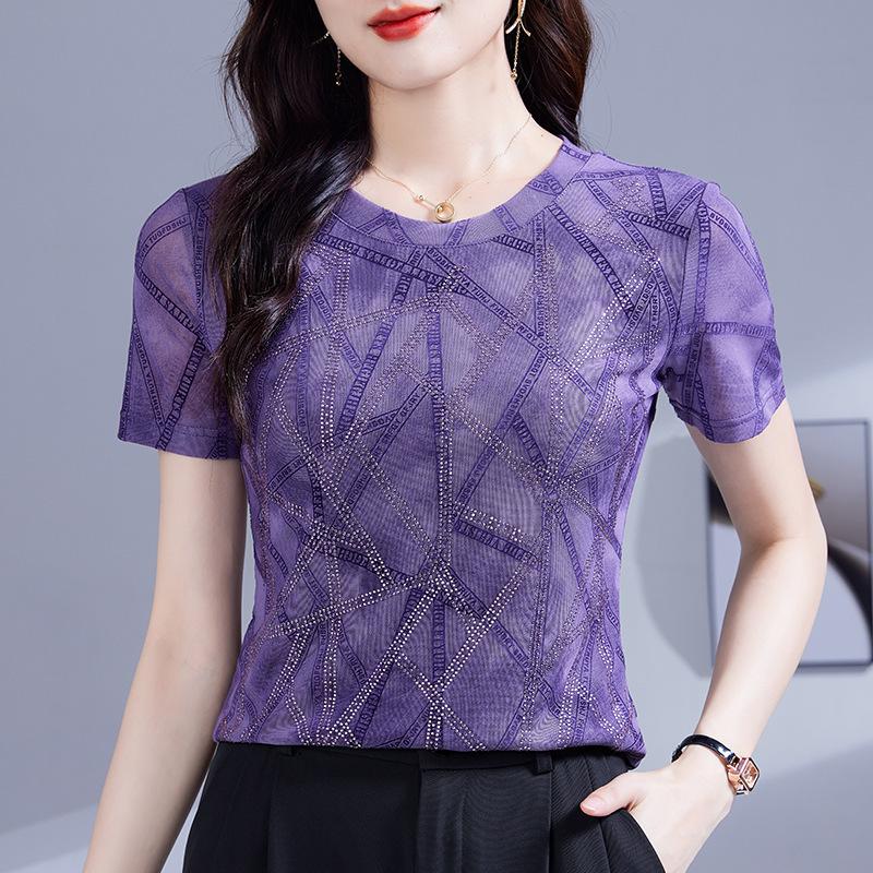 Women's O Neck Short Sleeve Mesh Top Slim Fit Elegant Geometric Line Print Blouse Summer Casual Tee