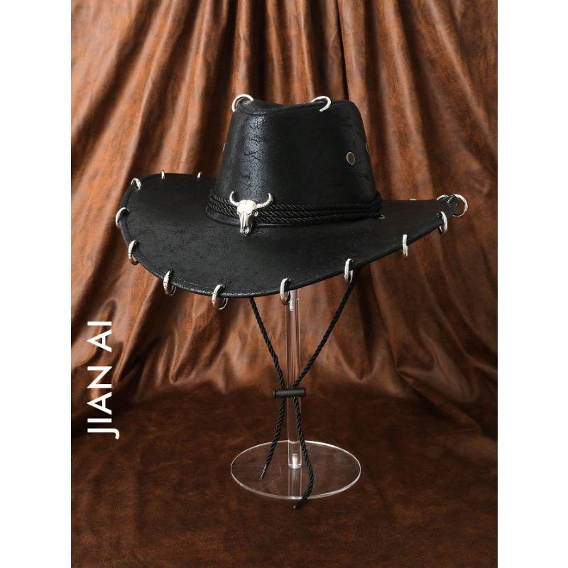 Unisex Faux Leather Wide Brim Cowboy Hat With Bull Skull And Metal Ring Decor 56-58cm