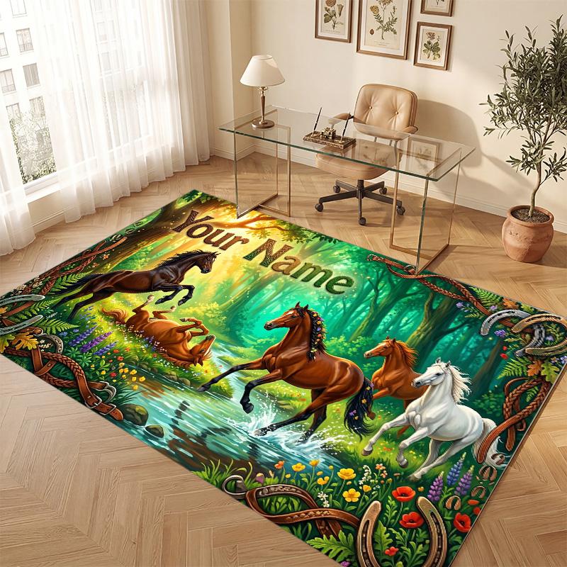 Horse Theme Soft Crystal Velvet Rug Custom Name & Text Print Non Slip Floor Rug for Bedroom Living Room
