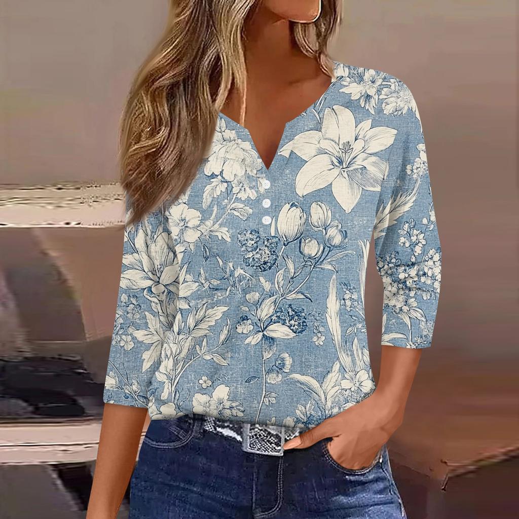 Women's T Shirt Tee Print Button  3/4 SleeveDaily Weekend Fashion Basic V- Neck Regular Top