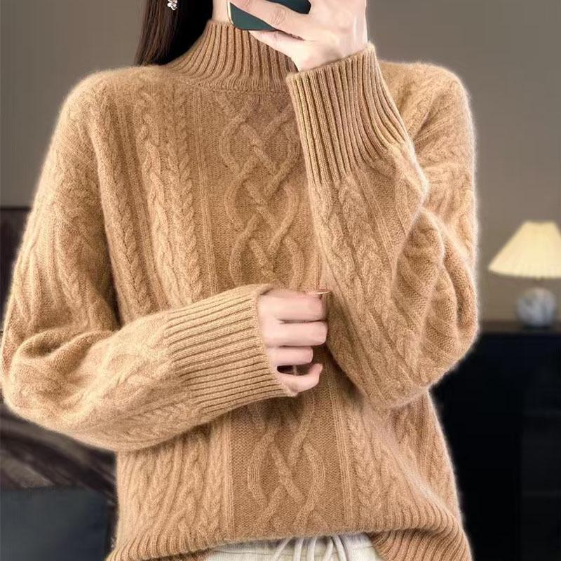 2024 Winter Women's Wool Knit Sweater - Twisted Flower, Half-High Neck, Thick & Loose Fit
