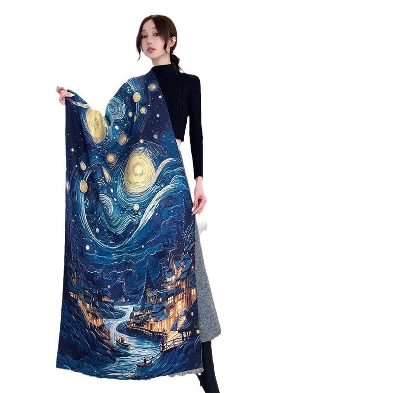 Autumn and Winter Scarf Women's High-end Imitation Cashmere Starry Sky Oil Painting Shawl Versatile Thickened Warm Jacquard Scarf Scarf Scarf