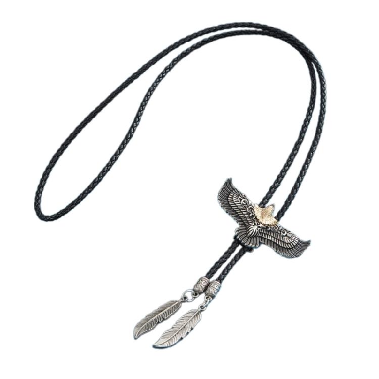 Bolo Tie Leather Rope Metal Flying Eagle Western Necklace with Feathered Pendant