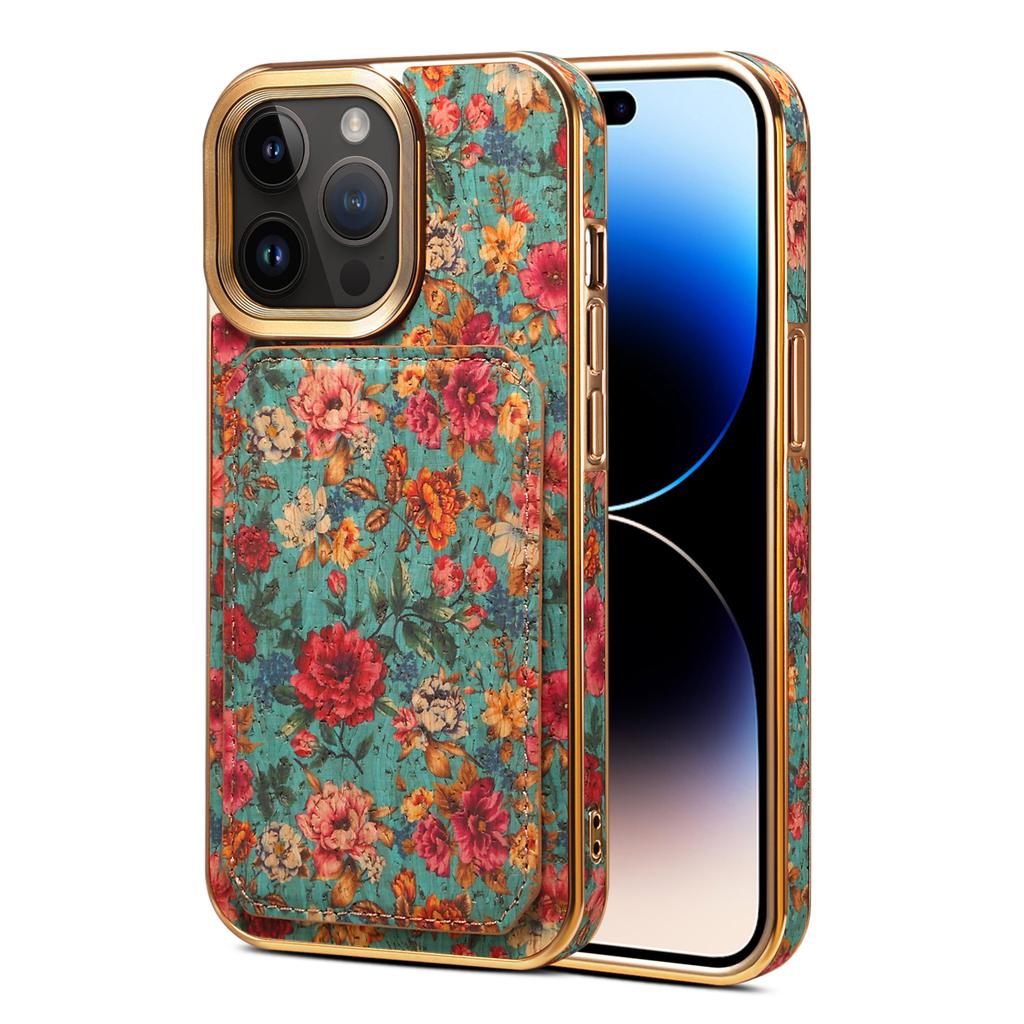 For iPhone 15 Pro Max Card Slots Kickstand Phone Case PU Leather Coated PC+TPU Flower Pattern Printed Cover