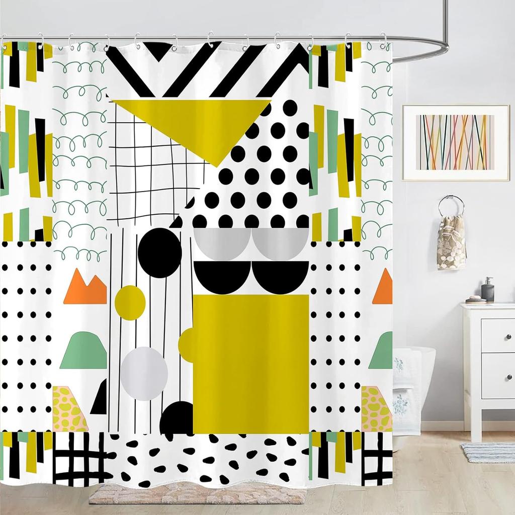 Extra Long Geometric Shower Curtain Mid Century Modern Shower Curtains For Bathroom Abstract Yellow Black White Waterproof