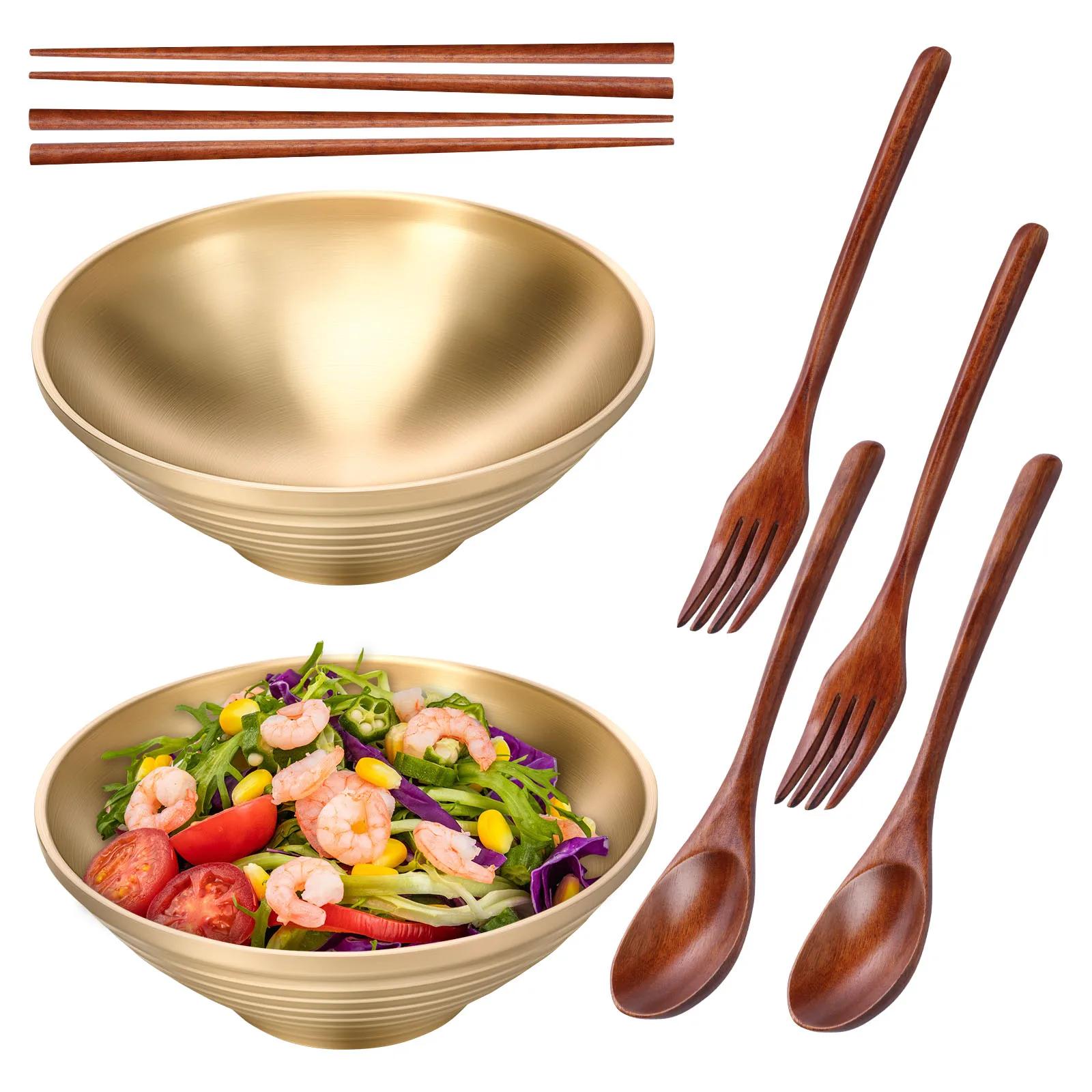 

Миска для японского рамена из нержавеющей стали с набором ложки, вилки и палочек для еды, корейская миска для холодной лапши, салатник, кухонная посуда