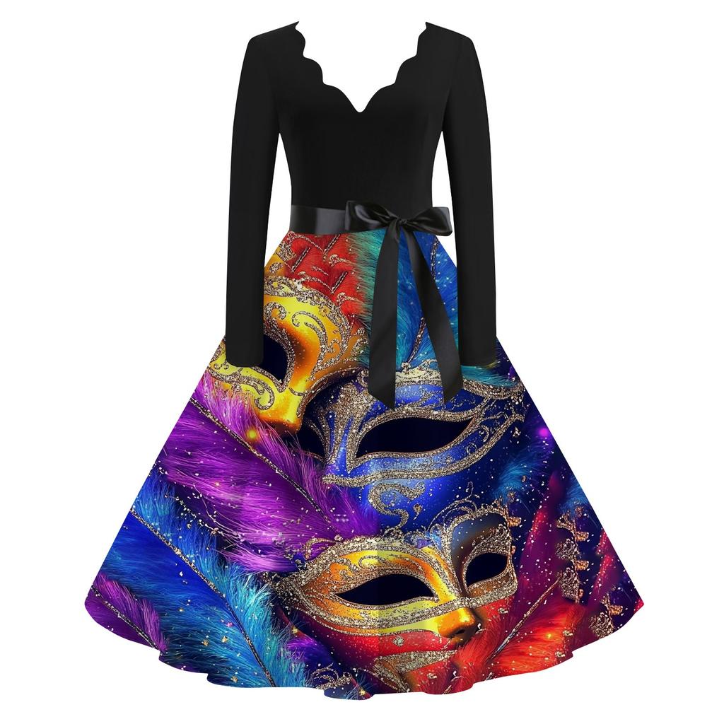 Women's Casual Fashion V-Neck Long Sleeve Carnival Print Vintage  Dress