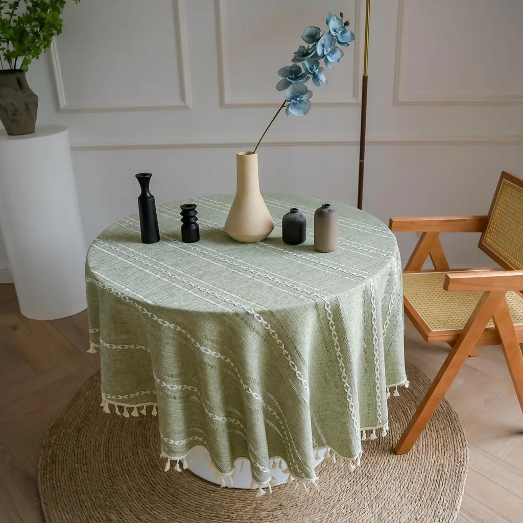 Față de masă rotundă cu ciucuri din bumbac și in, husă de masă rezistentă la praf, pentru cină, nuntă, măsuță de cafea, decor bucătărie