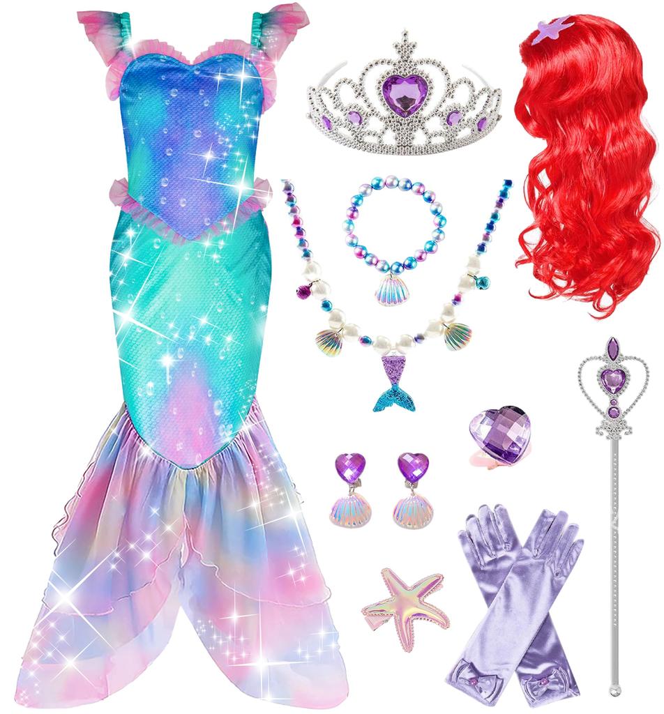 Ariel Dress Luxury Set Cosplay Dress Mermaid Costume for Kids Princess Dress Cosplay Costume Gloves Wand Wig Crown Necklace Earrings Bracelet 120