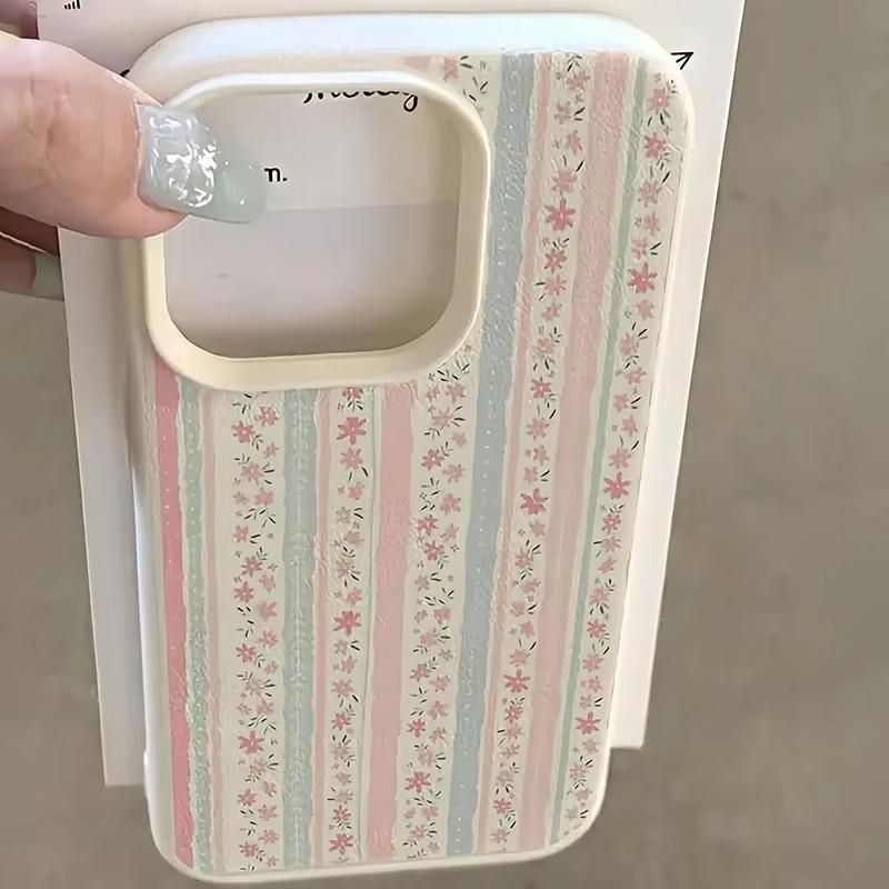 White Floral Blue & Pink Striped Lychee Texture Phone Case For iPhone 17 16 15 14 Plus 13 12 11 Pro Max 17 Air X XR XS Cover