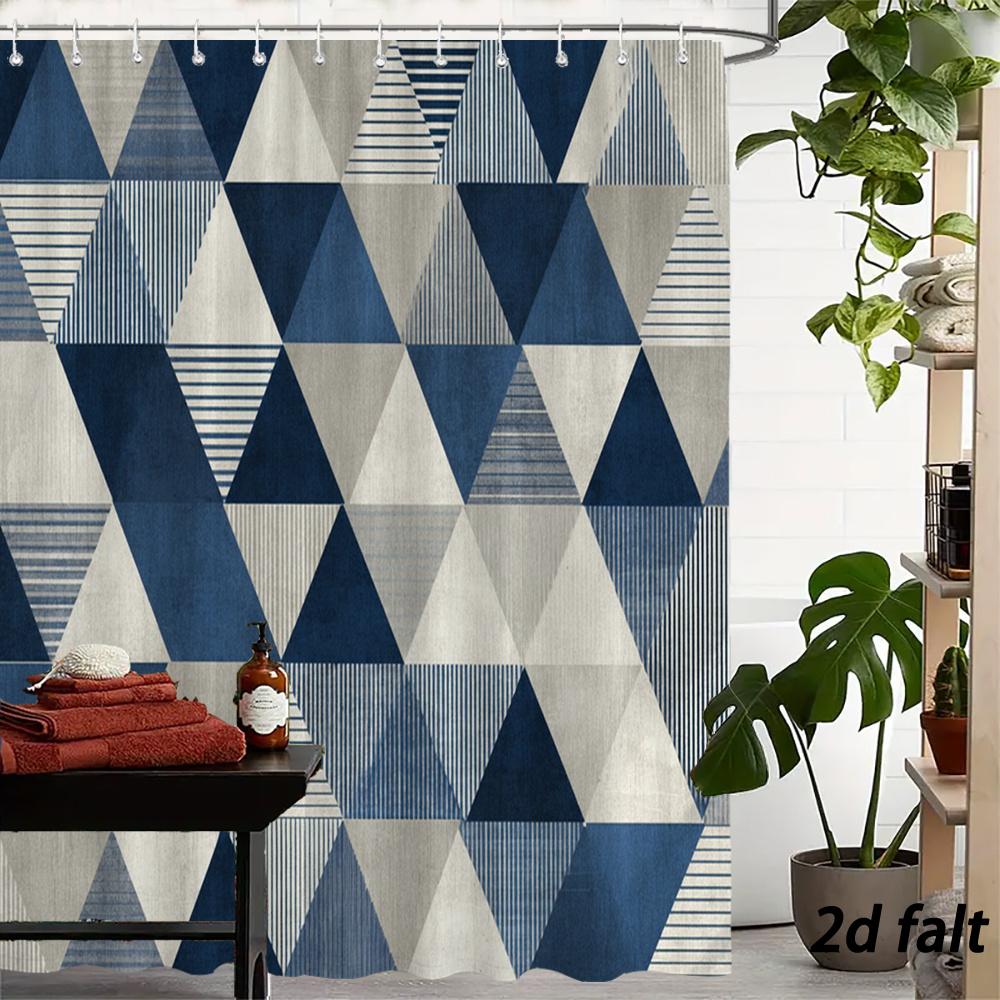 Navy & Gray Geometric Triangle Shower Curtain – Scandi Modern Bath Decor 70.8X70.8In, Polyester, Machine Washable, 12 Hooks