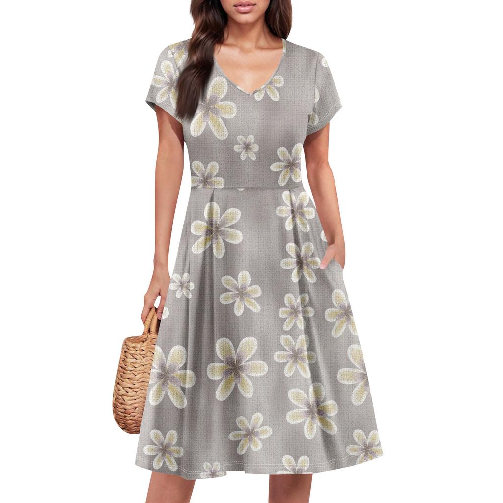 Womens Summer Dress Short Sleeve V Neck Short Dresses Fashion Casual Flowy A Line Swing Sundress With Pocket