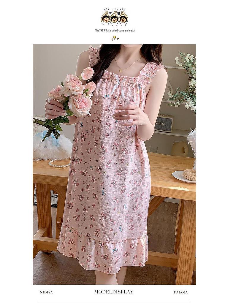 2026 Summer Women's Cartoon Padded Strappy Loose Nightgown Dress Pajamas - Sweet Outdoor Style