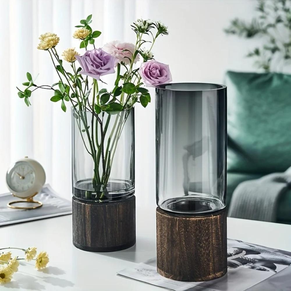 Simple Retro Light Luxury Wooden Base Glass Vase Water Nourishing Flowers Transparent Glass Vase Dining Table Decoration