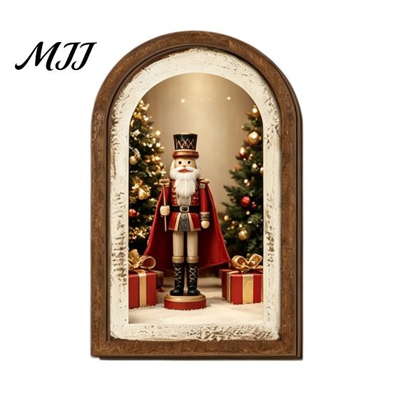Farmhouse Christmas Tree Decorations Vintage Arched Wooden Wall Art, Double Layer Wood Framed Sign, Bedroom Winter Ornaments Xmas Print Hanging Decor