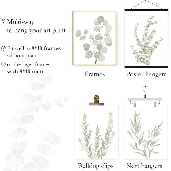 Botanical Boho Bathroom Decor Wall Art Prints, UNFRAMED Sage Green Plants Decor for Bedroom|Office, Minimalist Eucalyptus Leaves Watercolor Art