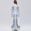 Vintage Print einreihiges figurbetontes Maxikleid für Damen Frühling Herbst Umlegekragen Laternenärmel Elegantes Abendkleid Robes Femme