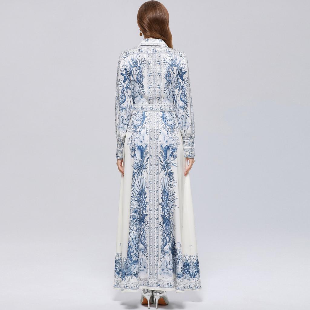 Vintage Print einreihiges figurbetontes Maxikleid für Damen Frühling Herbst Umlegekragen Laternenärmel Elegantes Abendkleid Robes Femme