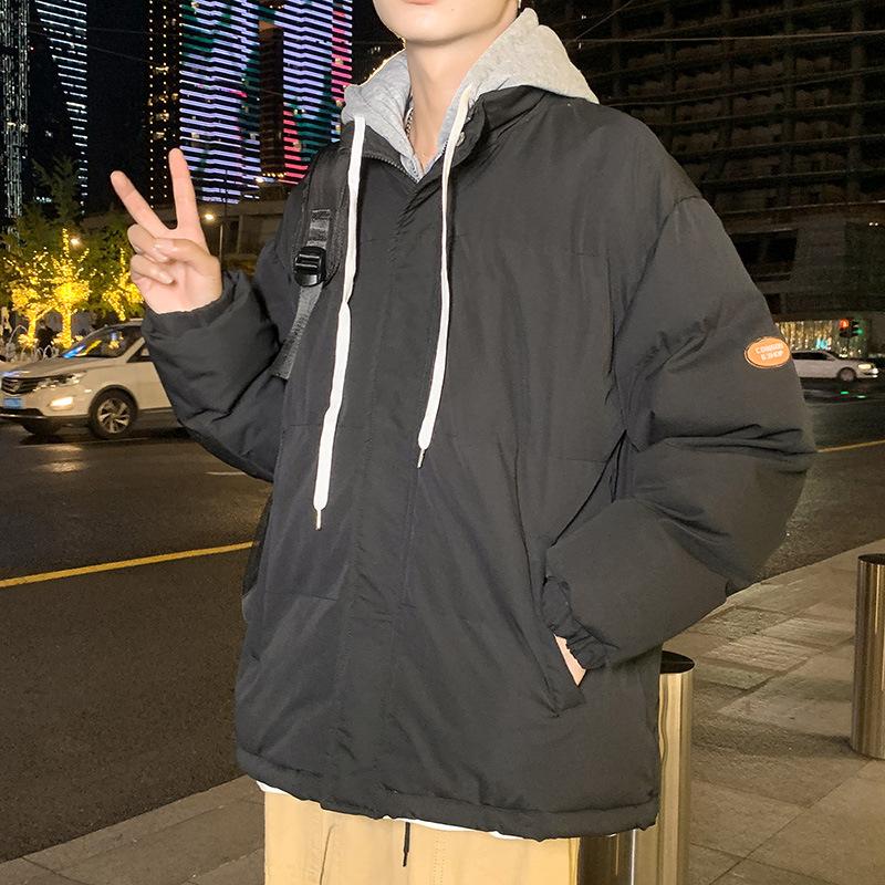 New Japanese trendy brand hooded jacket men's loose large size cotton-padded jacket thickened fake two-piece cotton-padded jacket men's handsome