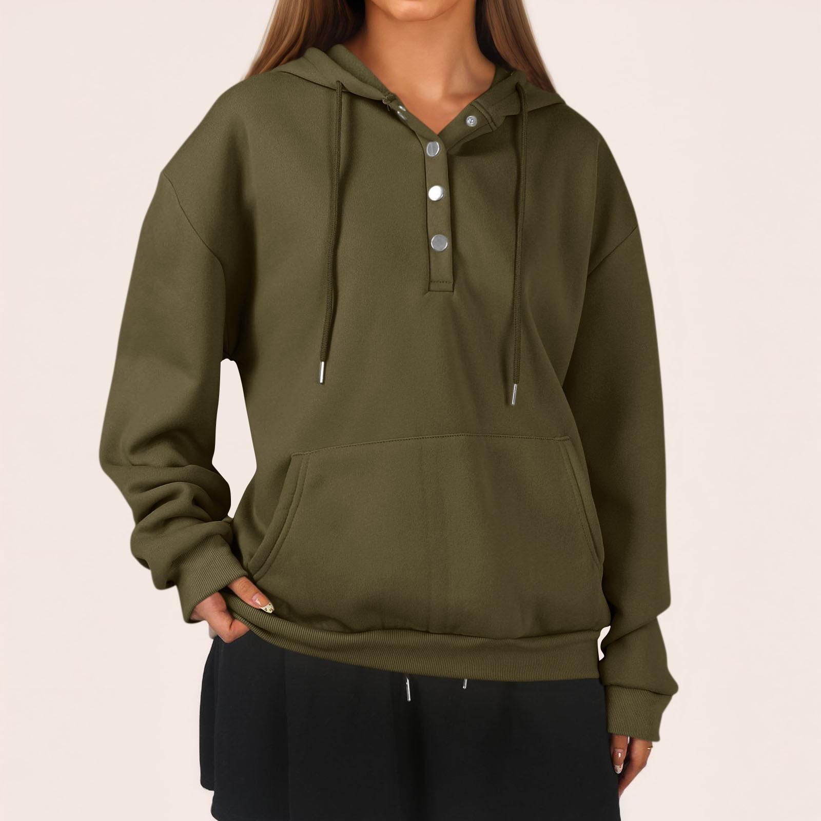 

Женская модная повседневная толстовка с длинными рукавами, застежкой на полпуговицы, капюшоном, однотонная толстовка с карманом L армия зеленый