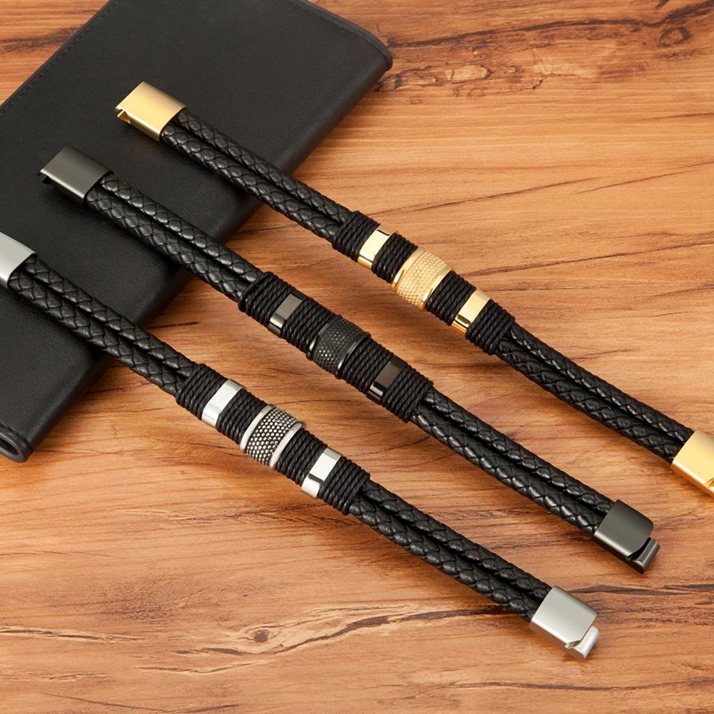 Popular braided leather rope special style classic stainless steel men's leather bracelet double-layer design