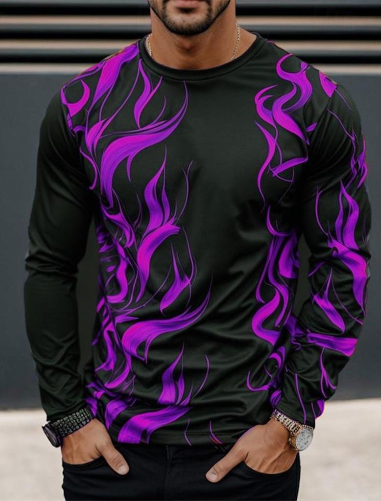 3D Printed Flame Scratch Pattern 3D Printed Autumn Men's Crew Neck T-Shirt Casual Long Sleeve Oversized Pullover Fashion Tops