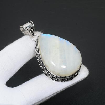 Ciondolo in argento sterling 925 fatto a mano con pietra di luna arcobaleno bianca, pietra preziosa, pietra di luna naturale, pietra preziosa a forma di pera, regali fatti a mano, regali fatti a mano