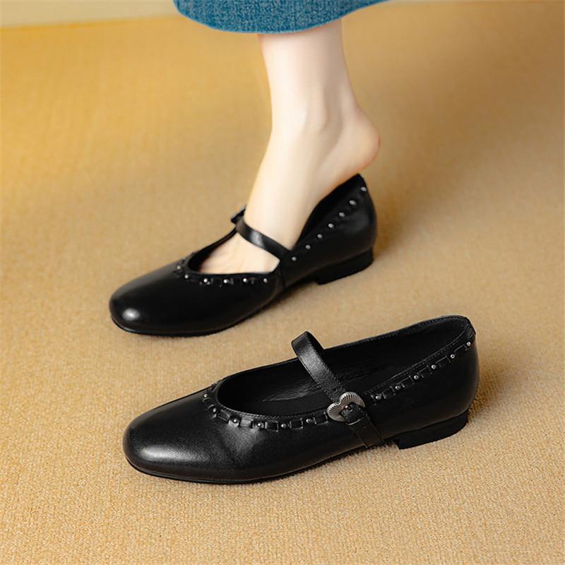 Mode Neue Frühling/Sommer Echtleder Damen Schuhe Schuhe mit runder Spitze für Damen Mode Nieten Mary Jane Schuhe Niedriger Absatz Damen Pumps