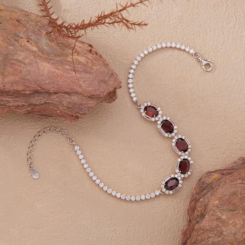 Sterling Adjustable Tennis Chain Bracelet With Natural Garnet Gemstones Pave Zircon Accents Women