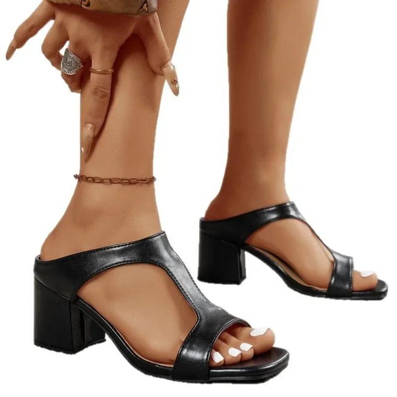 Fashion Large Size Thick High-heeled Slippers for Women in Summer 2025, New Square Headed Elegant Slippers for Women zapatos de mujer