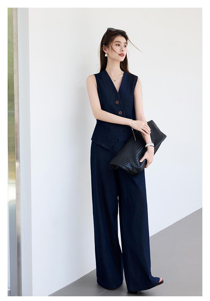 Summer "light Oxygen Commuting" Series Imitation Denim Color V-neck Vest+wide Leg Pants Set